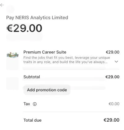 16Personalities Premium Career Suite checkout: 'Pay NERIS Analytics Limited, €29.00', Premium Career Suite €29.00, an Add promotion code button, tax €0.00, total due €29.00.