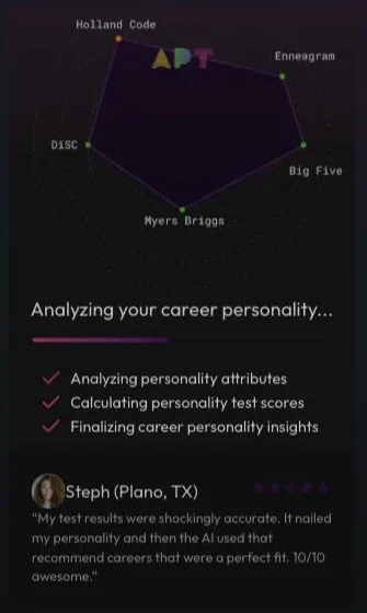 Apt AI career test loading screen after the chat quiz: a radar chart labelled Holland Code, Enneagram, Big Five, Myers Briggs and DiSC above the text 'Analyzing your career personality' and three checked steps.