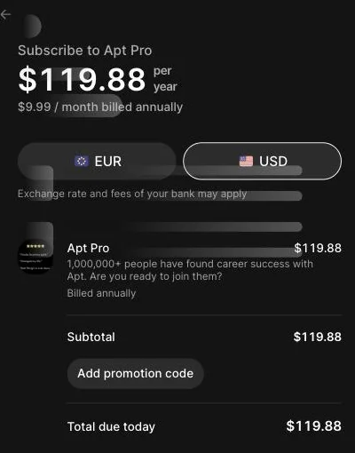 Apt AI Stripe checkout for the annual plan: 'Subscribe to Apt Pro, $119.88 per year, $9.99 / month billed annually', an Add promotion code button, and Total due today $119.88.