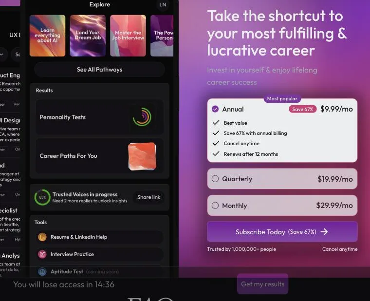 Apt AI pricing on the paywall: the heading 'Take the shortcut to your most fulfilling & lucrative career', three plans (Annual, preselected, Most popular, Save 67%, $9.99/mo, renews after 12 months; Quarterly $19.99/mo; Monthly $29.99/mo), a 'Subscribe Today (Save 67%)' button, and a bar at the bottom reading 'You will lose access in 14:36'.