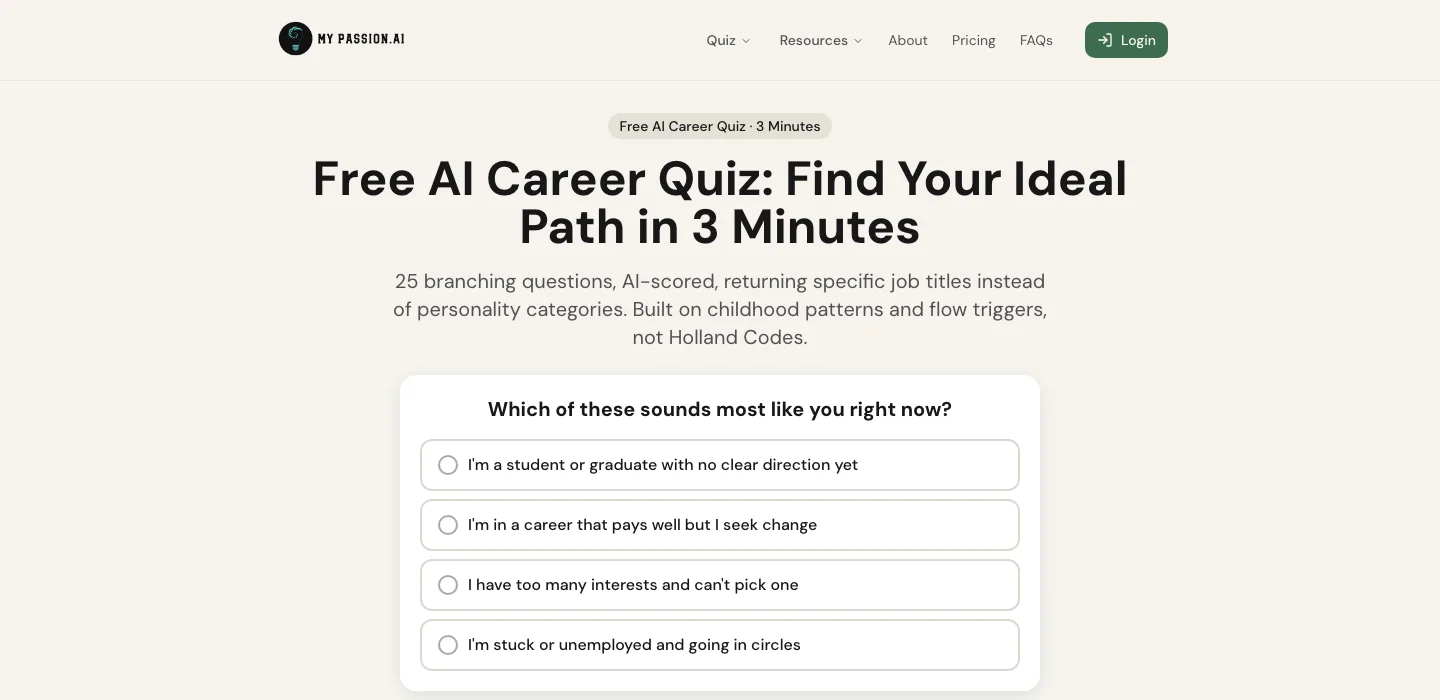 The MyPassionAI career quiz opening screen, asking 'Which of these sounds most like you right now?' with four options: student or graduate with no clear direction, in a career that pays well but seeking change, too many interests and cannot pick one, stuck or unemployed and going in circles.