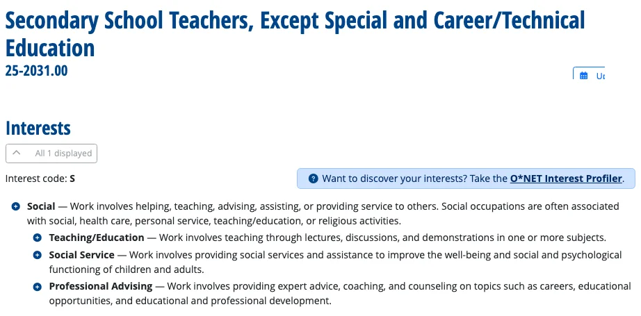 O*NET OnLine page for Secondary School Teachers, Except Special and Career/Technical Education, 25-2031.00, Interests section. Interest code: S. Social: work involves helping, teaching, advising, assisting, or providing service to others. Specific interest areas listed: Teaching/Education, Social Service, Professional Advising.
