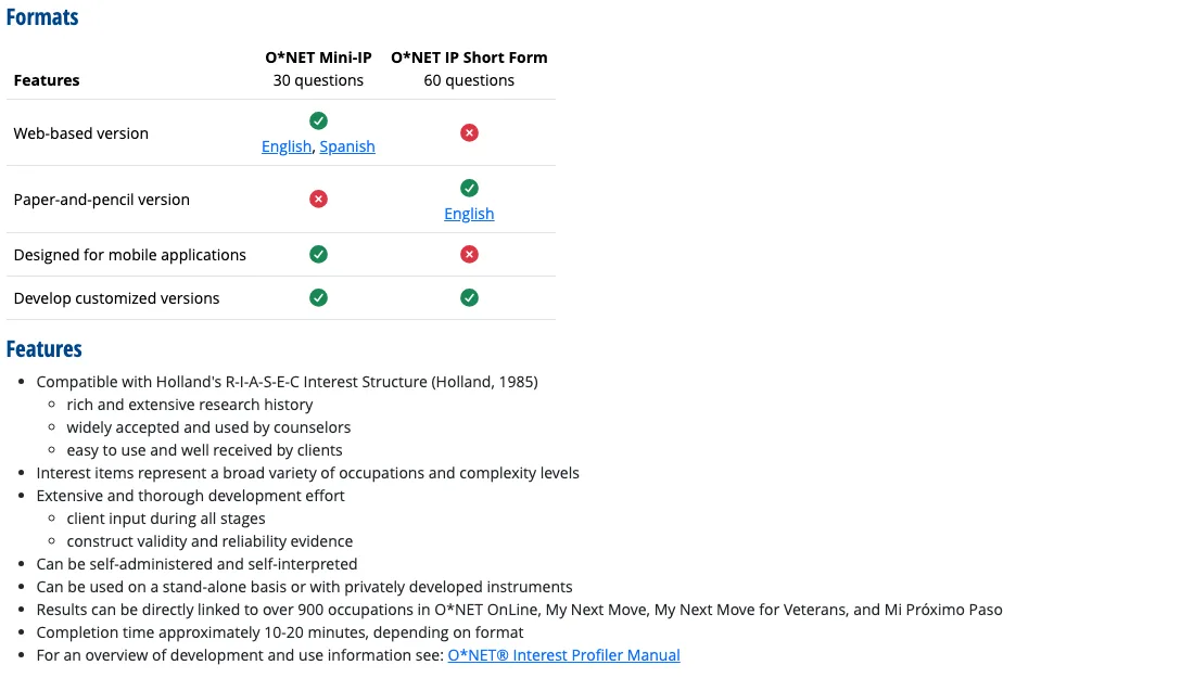 The O*NET Resource Center formats table showing the Mini-IP at 30 questions, web-based in English and Spanish, and the IP Short Form at 60 questions, paper-and-pencil English only, above a features list citing construct validity and reliability evidence and links to over 900 occupations.