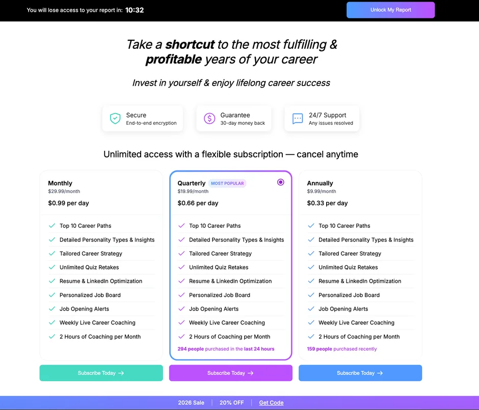 JobTest.org pricing after the email step: a countdown bar reading 'You will lose access to your report in: 10:32', then three subscription plans with identical features: Monthly $29.99/month, Quarterly $19.99/month marked Most Popular with '294 people purchased in the last 24 hours', and Annually $9.99/month, each listing Top 10 Career Paths, Weekly Live Career Coaching and 2 Hours of Coaching per Month