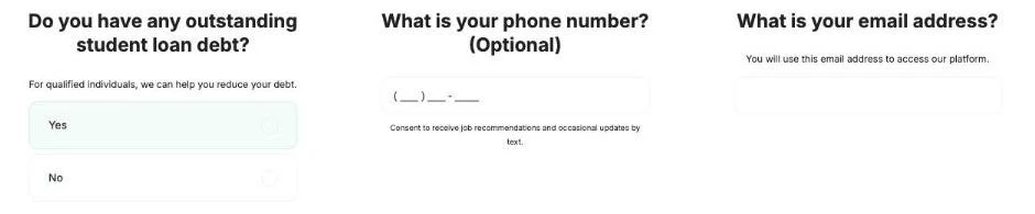 Three JobTest.org screens from the end of the test: 'Do you have any outstanding student loan debt? For qualified individuals, we can help you reduce your debt' with Yes and No; 'What is your phone number? (Optional)' with consent to receive job recommendations by text; and 'What is your email address? You will use this email address to access our platform.'
