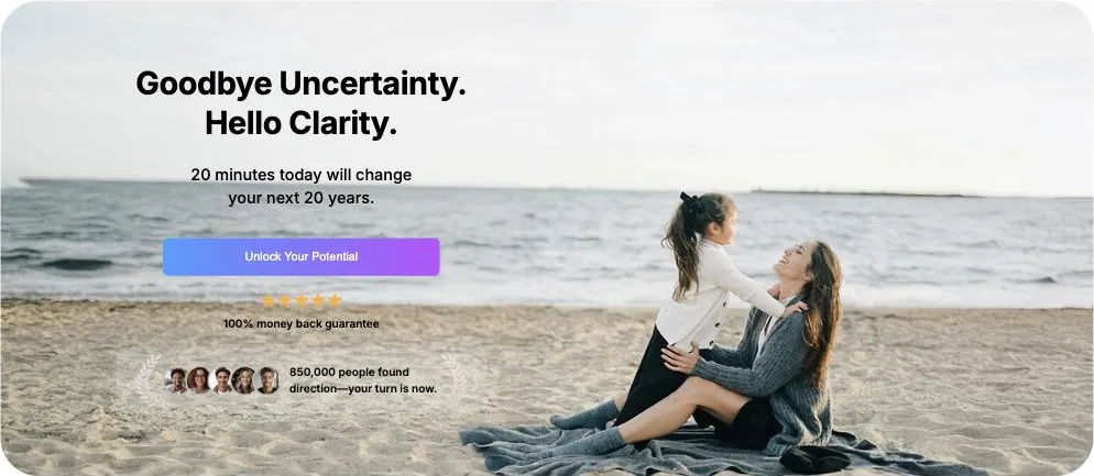 JobTest.org sales page shown after the email step: 'Goodbye Uncertainty. Hello Clarity. 20 minutes today will change your next 20 years', an Unlock Your Potential button, five stars with '100% money back guarantee', and '850,000 people found direction, your turn is now'