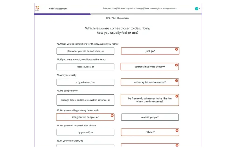 The MBTI assessment screen shown on MBTIonline's how-it-works page, with a progress bar reading '75% - 70 of 93 completed' and six paired questions such as 'When you go somewhere for the day, would you rather plan what you will do and when, or just go?' with one option selected in each pair.