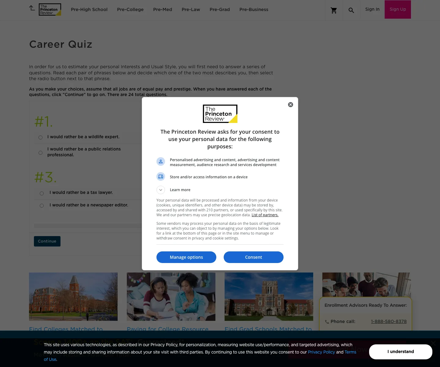 The Princeton Review career quiz page. Question 1 offers 'I would rather be a wildlife expert' against 'I would rather be a public relations professional' as radio buttons, with the instruction to assume all jobs are of equal pay and prestige and a note that there are 24 total questions. A consent dialog overlays the page asking permission to share personal data with 210 partners for personalised advertising.