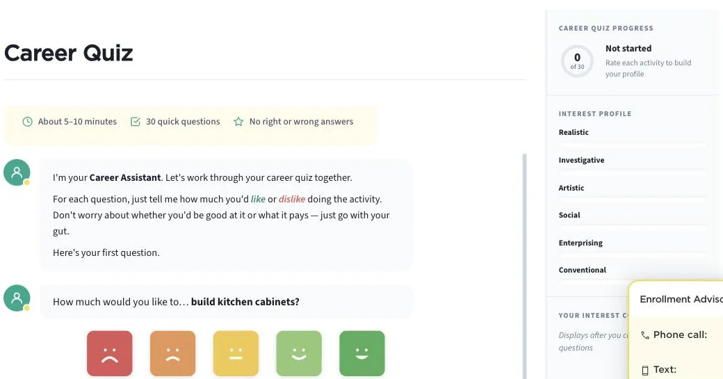 The rebuilt Princeton Review career quiz: 'About 5–10 minutes, 30 quick questions, No right or wrong answers', a Career Assistant chat asking 'How much would you like to... build kitchen cabinets?' with five face buttons from Strongly Dislike to Strongly Like, and a sidebar showing progress 0 of 30 and six interest areas from Realistic to Conventional.