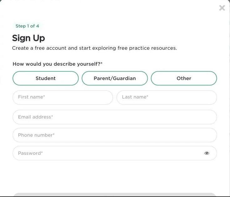 Princeton Review sign-up modal shown after clicking Show my career results: 'Step 1 of 4, Sign Up, Create a free account', a choice of Student, Parent/Guardian or Other, and required fields for first name, last name, email address, phone number and password.