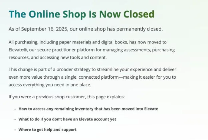 The Myers-Briggs Company's shop-to-elevate notice page, reading 'The Online Shop Is Now Closed. As of September 16, 2025, our online shop has permanently closed. All purchasing, including paper materials and digital books, has now moved to Elevate, our secure practitioner platform.'