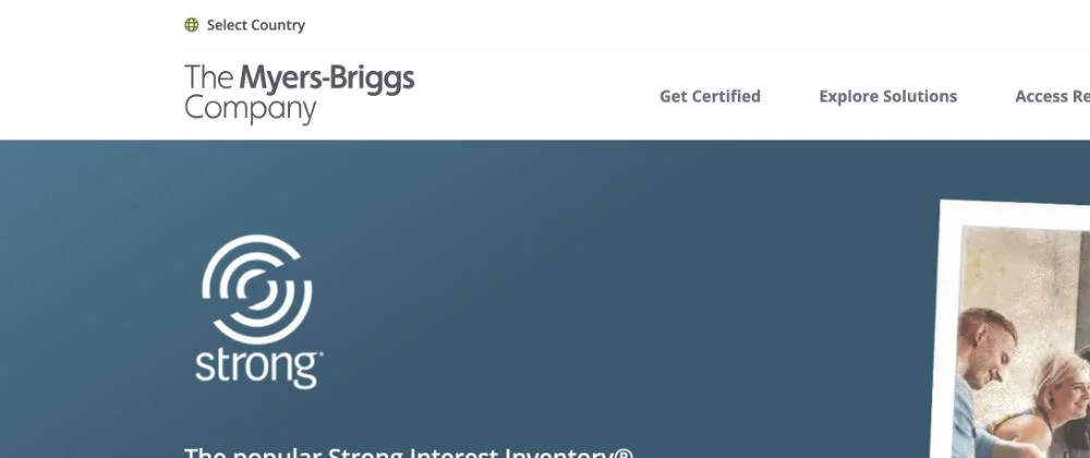The Myers-Briggs Company's Strong Interest Inventory product page, showing the top navigation with 'Get Certified', 'Explore Solutions', 'Access Resources', 'About Us' and 'Take the MBTI' links, and the hero heading describing the assessment, with no price or purchase button visible anywhere on the page.