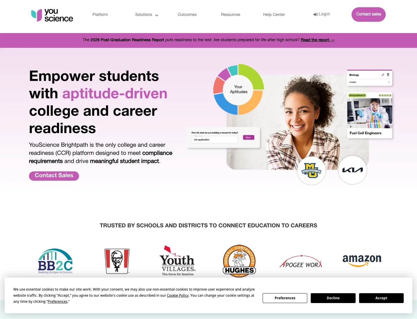 The YouScience homepage. Headline reads 'Empower students with aptitude-driven college and career readiness', describing YouScience Brightpath as a college and career readiness platform designed to meet compliance requirements. The primary button says Contact Sales, and a logo band reads 'Trusted by schools and districts to connect education to careers'.