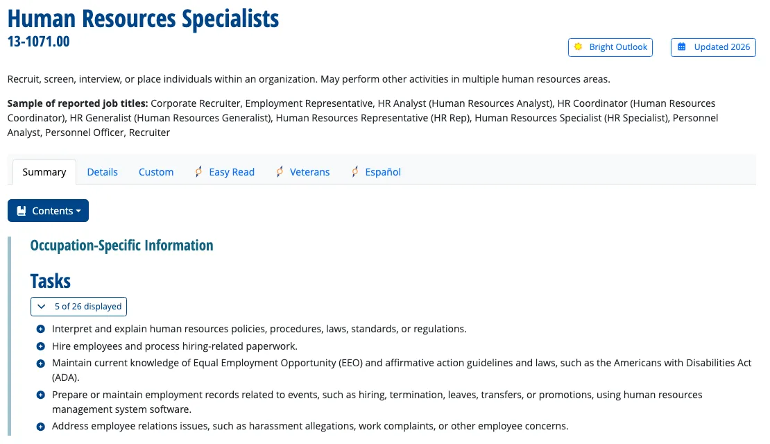 O*NET OnLine summary for Human Resources Specialists, 13-1071.00, with sample job titles including Corporate Recruiter, HR Generalist and Recruiter, and the first five of 26 tasks: interpret and explain HR policies and laws, hire employees and process hiring paperwork, maintain knowledge of EEO and ADA guidelines, prepare employment records, and address employee relations issues such as harassment allegations, work complaints or other employee concerns.