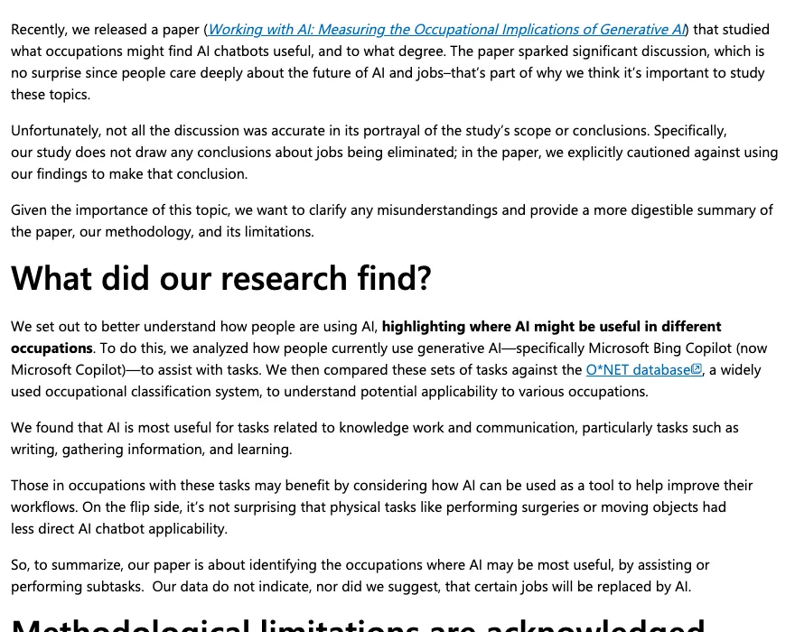 Microsoft Research Blog post, Applicability vs. job displacement, by Kiran Tomlinson and colleagues. The visible text says the study does not draw any conclusions about jobs being eliminated, that AI is most useful for knowledge work and communication tasks such as writing, gathering information and learning, and ends: Our data do not indicate, nor did we suggest, that certain jobs will be replaced by AI.