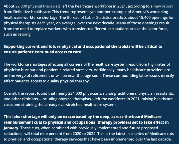 APTQI news post dated November 28, 2022: about 22,000 physical therapists left the healthcare workforce in 2021 according to a Definitive Healthcare report, BLS projects about 15,400 PT openings a year, and Medicare cuts to physical and occupational therapy will total nine percent from 2020 to 2024.
