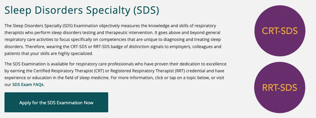 NBRC page for the Sleep Disorders Specialty (SDS) examination, stating it measures the skills of respiratory therapists who perform sleep disorders testing and is available to professionals who have earned the Certified Respiratory Therapist (CRT) or Registered Respiratory Therapist (RRT) credential, with CRT-SDS and RRT-SDS badges beside the text.
