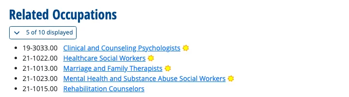 O*NET Related Occupations list for Mental Health Counselors, showing 5 of 10: Clinical and Counseling Psychologists, Healthcare Social Workers, Marriage and Family Therapists, Mental Health and Substance Abuse Social Workers, and Rehabilitation Counselors.